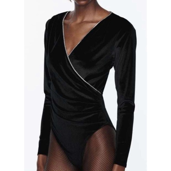 Zara Tops - NEW ZARA Velvet Shimmery V-Neck Wrap Bodysuit in Black